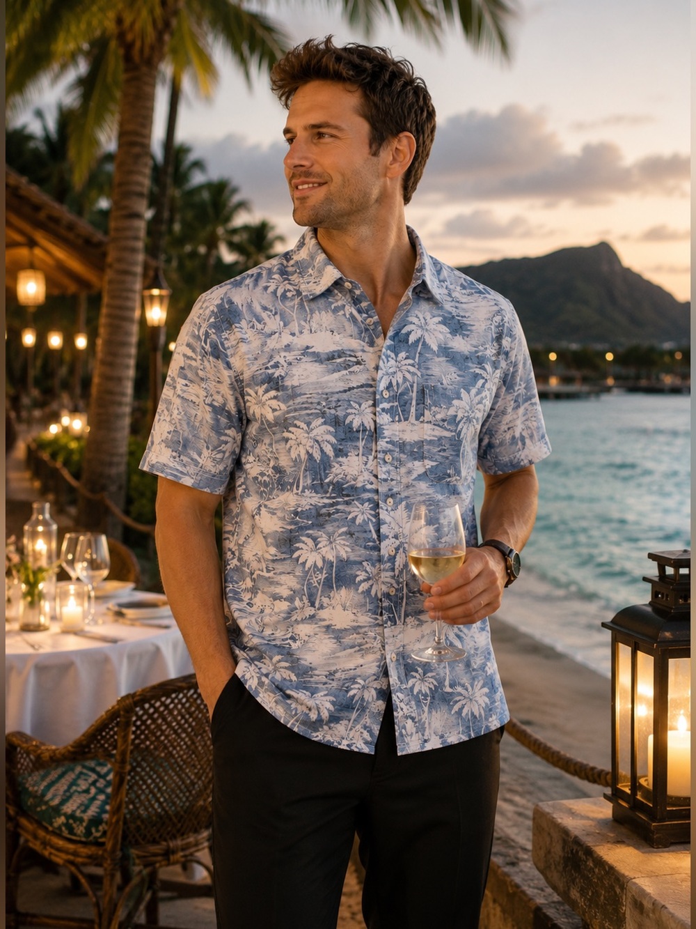Summa Men’s Medium Blue Hawaiian Palm Print Ramie Cotton Shirt
